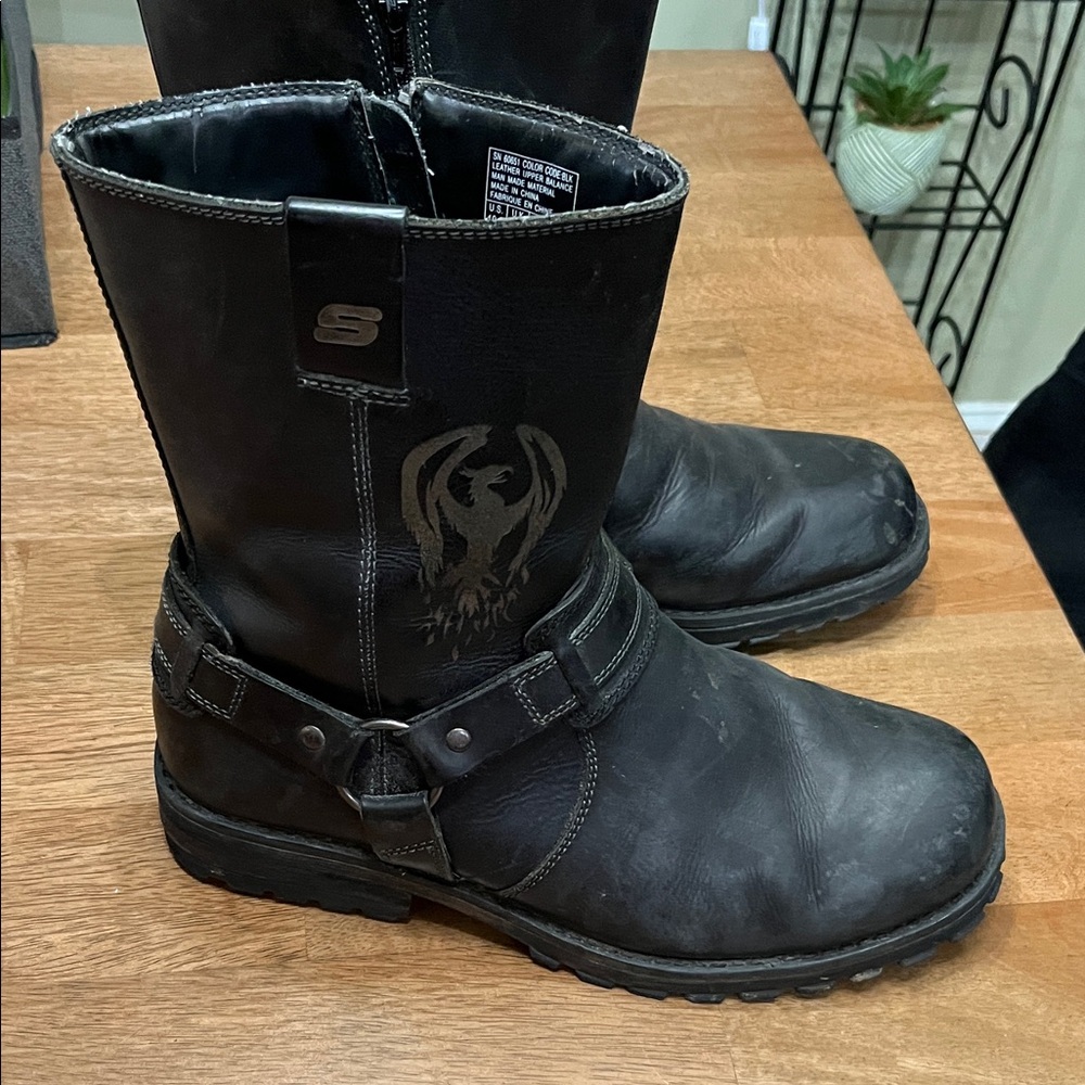 Skechers black Leather biker Boots with Strap Detail